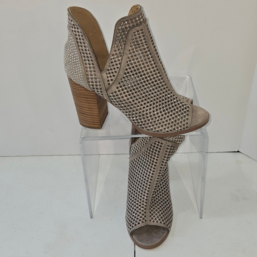 Taupe Suede Laser Cut Studded Peep Toe Block Heel Boots Size 8.5 German outsole‎